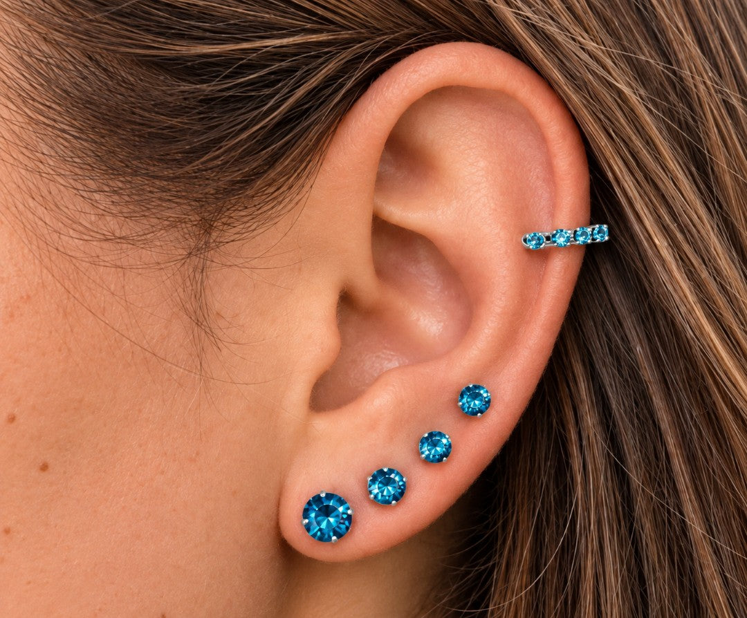 Trio de Brinco e Piercing Folheado e Prata Ponto de Luz Azul