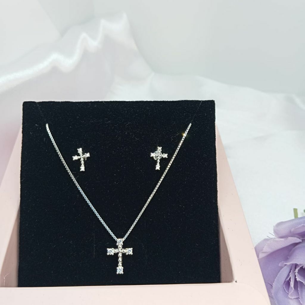 Conj. Prata 925 Corrente + Brinco Crucifixo Mini