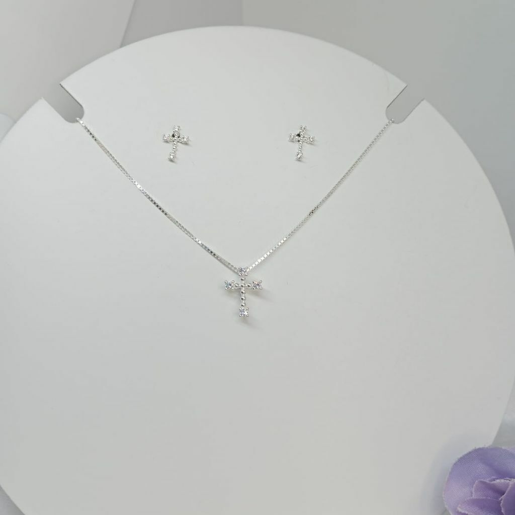 Conj. Prata 925 Corrente + Brinco Crucifixo Mini