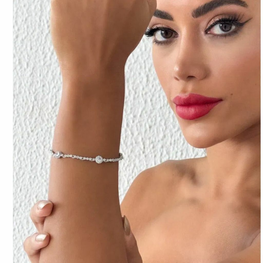 Pulseira Folheado a Prata 925 Corrente Cravejada e Ponto de Luz com Borda Cravejada