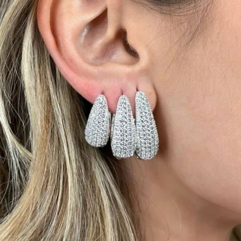 Brincos Trio Click Gotas Cravejadas Media Folh. Ródio