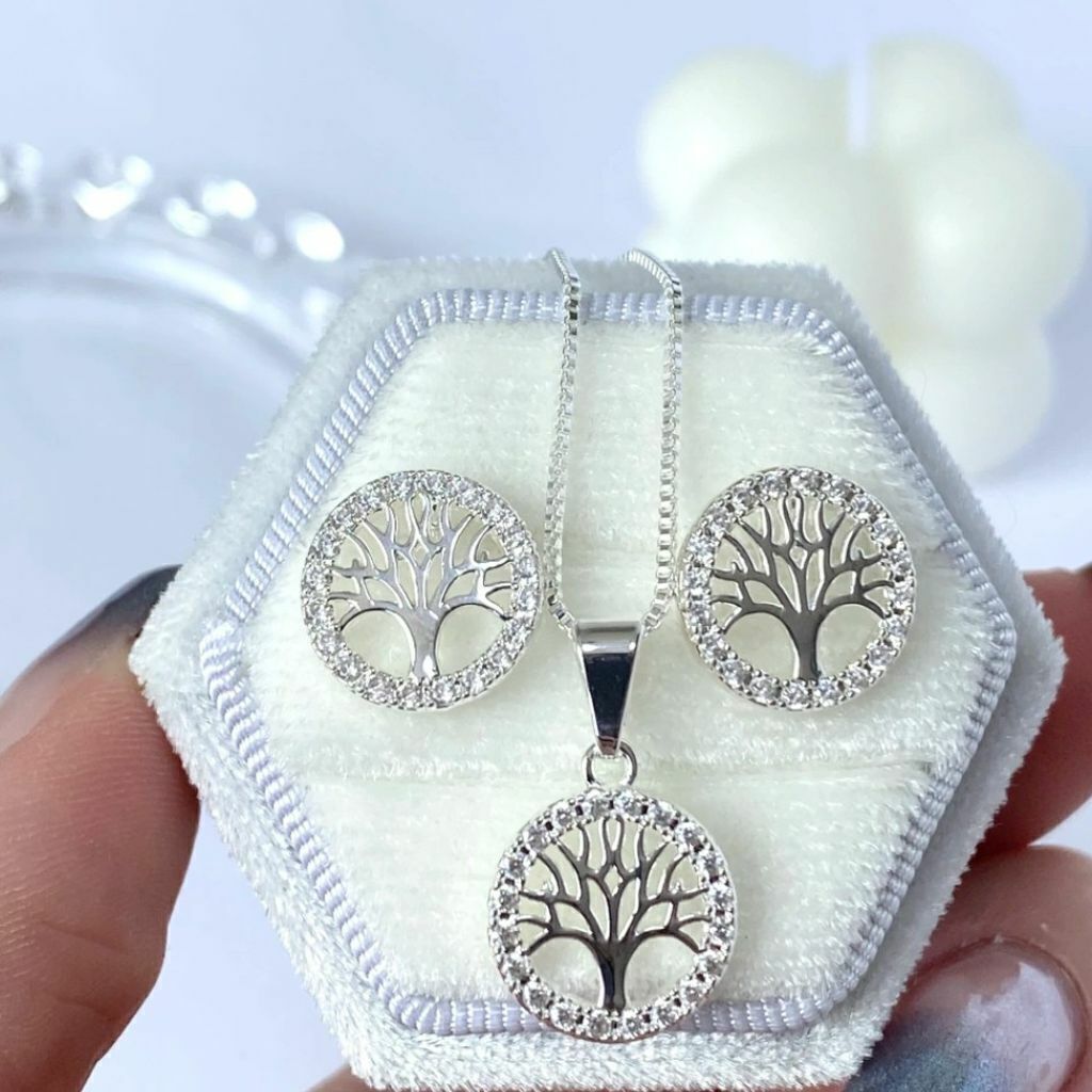 Conjunto prata 925 Brincos + Corrente Arvore da Vida
