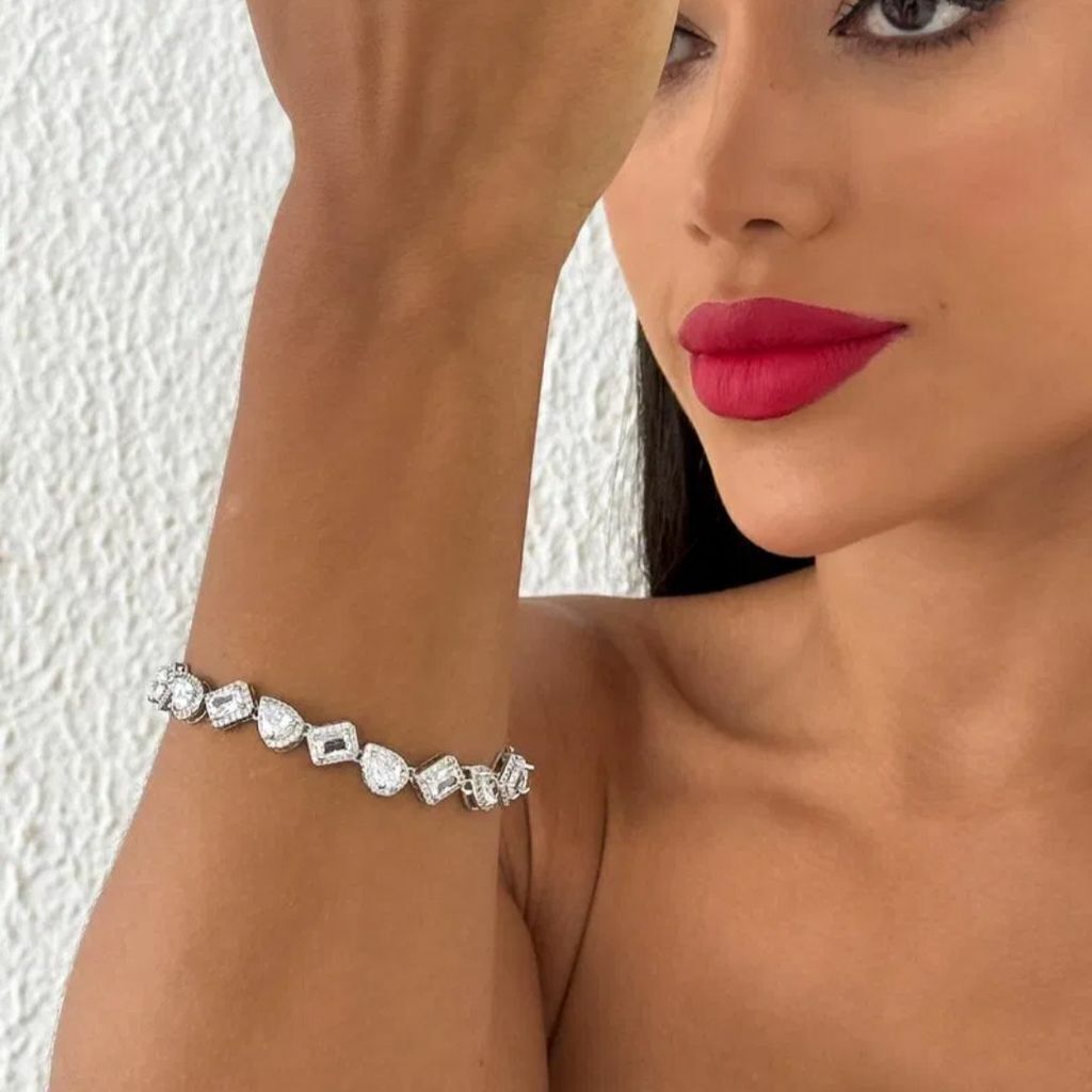 Pulseira Folh. A Prata e Ouro Gotas e Quadrados Cristal