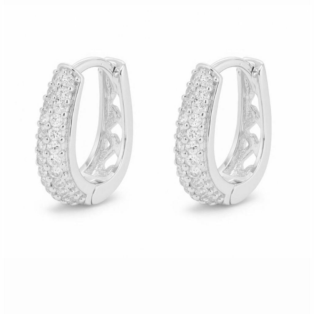 Brinco Oval Cravejada Prata Pura