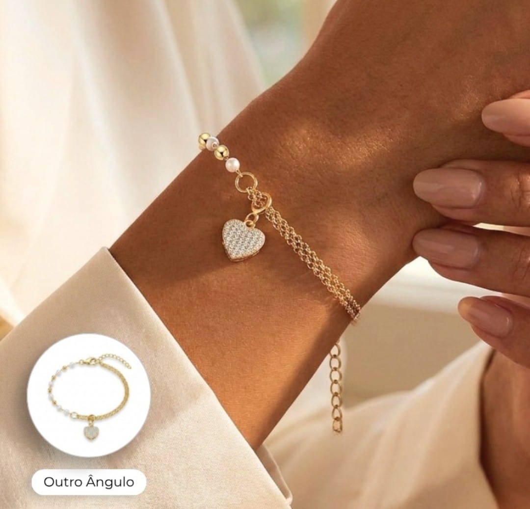 Pulseira Coração Cravejado 10mm Banhado a Ouro