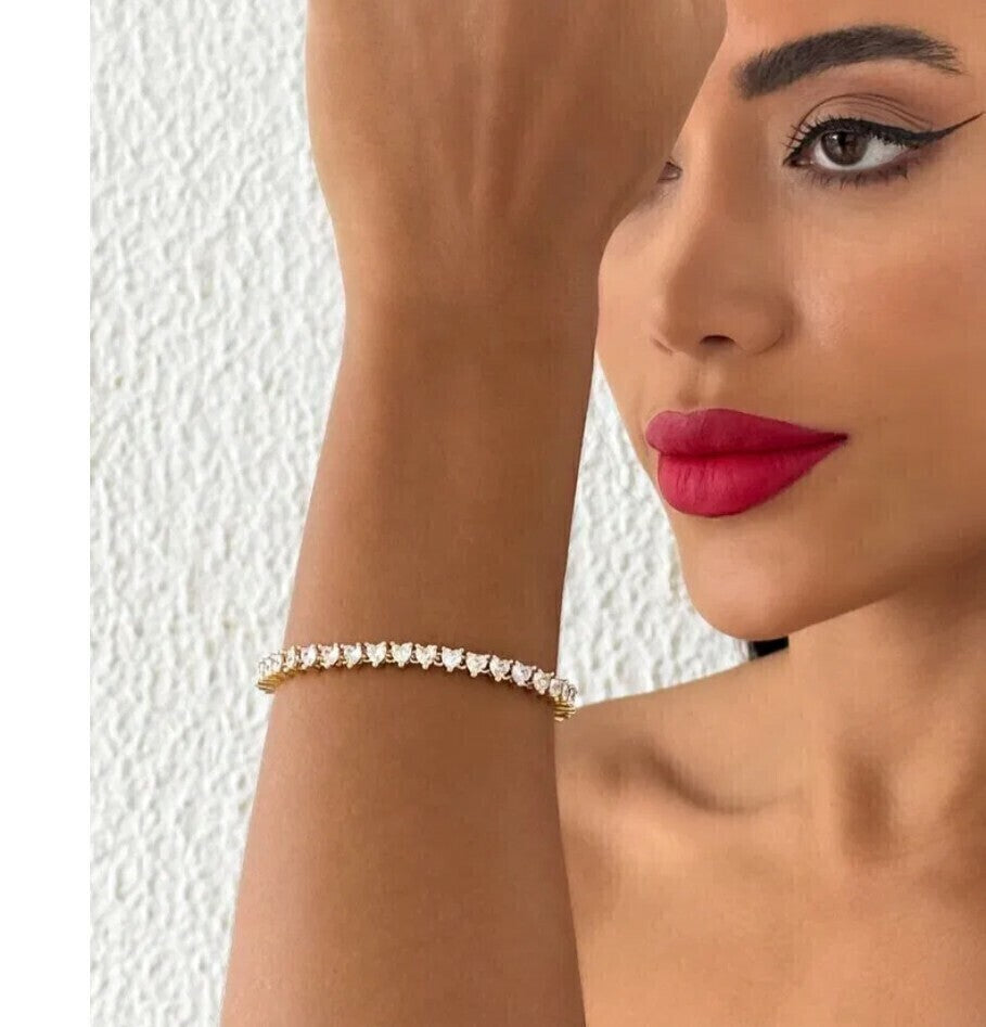 Pulseira Folh. A Prata e Ouro Corações com Cristais