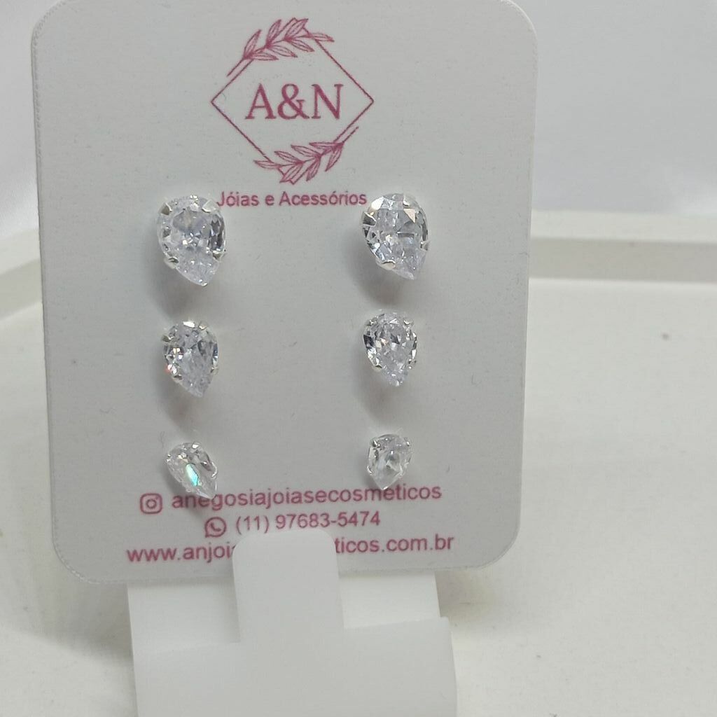 Brinco Trio Gotas Zircônias Cristal Prata 925