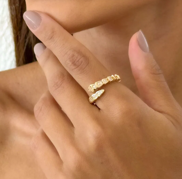 Anel Folheado a Ouro 18k e Prata Design Serpente Com Zircônia