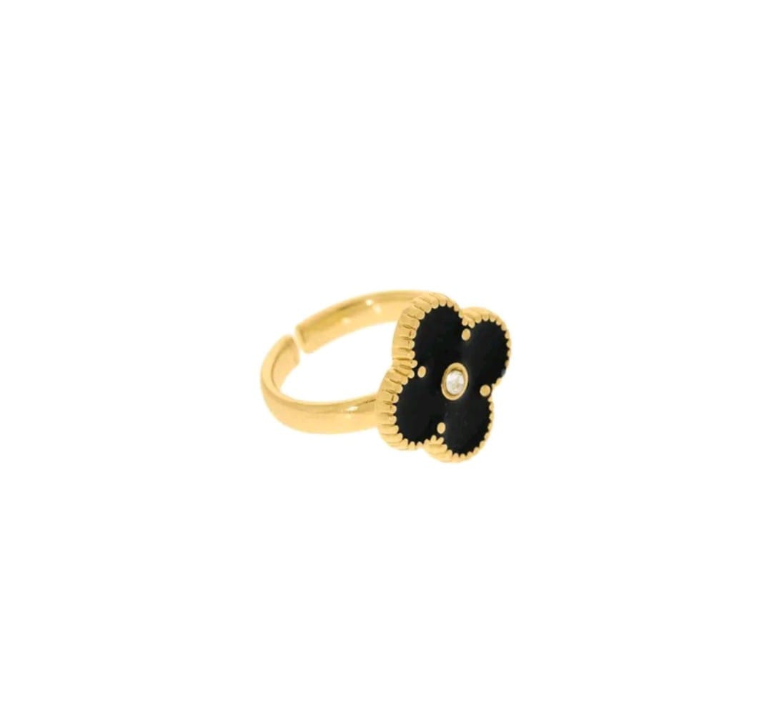 Anel Trevo Preto Banhado a Ouro com Strass Inspiração VG