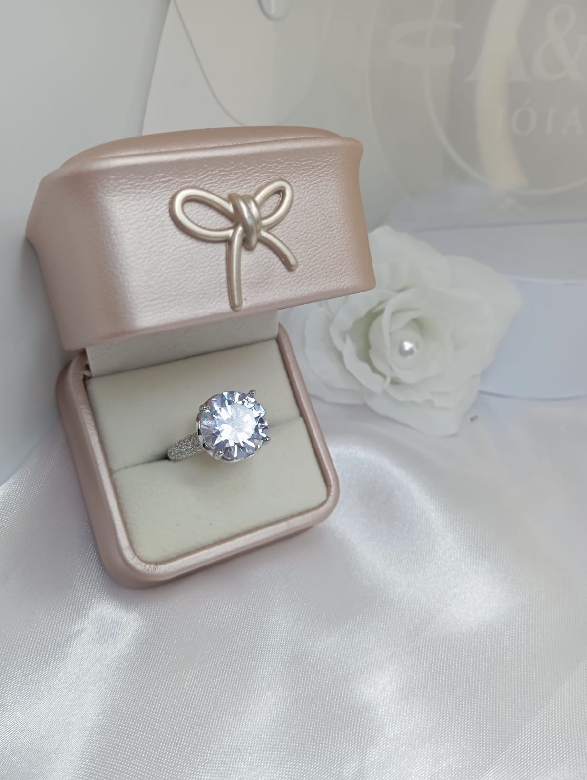 Conjunto Brinco Dupla e Anel Solitário pedra Zircônia Cravejados Banhado a Ródio Branco THE
