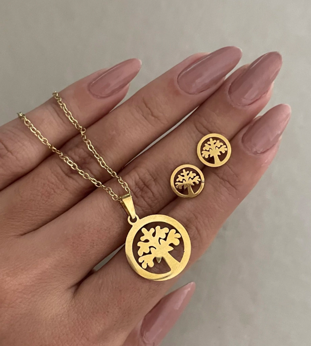 Conjunto árvore da vida aço inox dourado