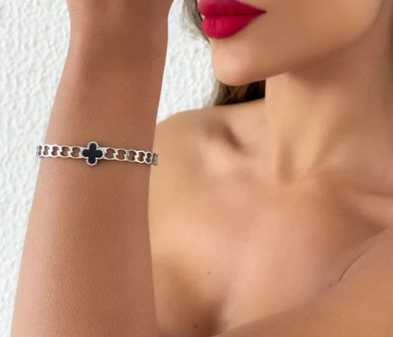 Bracelete Aço Inoxidável Folheado a Ouro 18k e Prata Design Elos Com Inspiração Vg Resinada