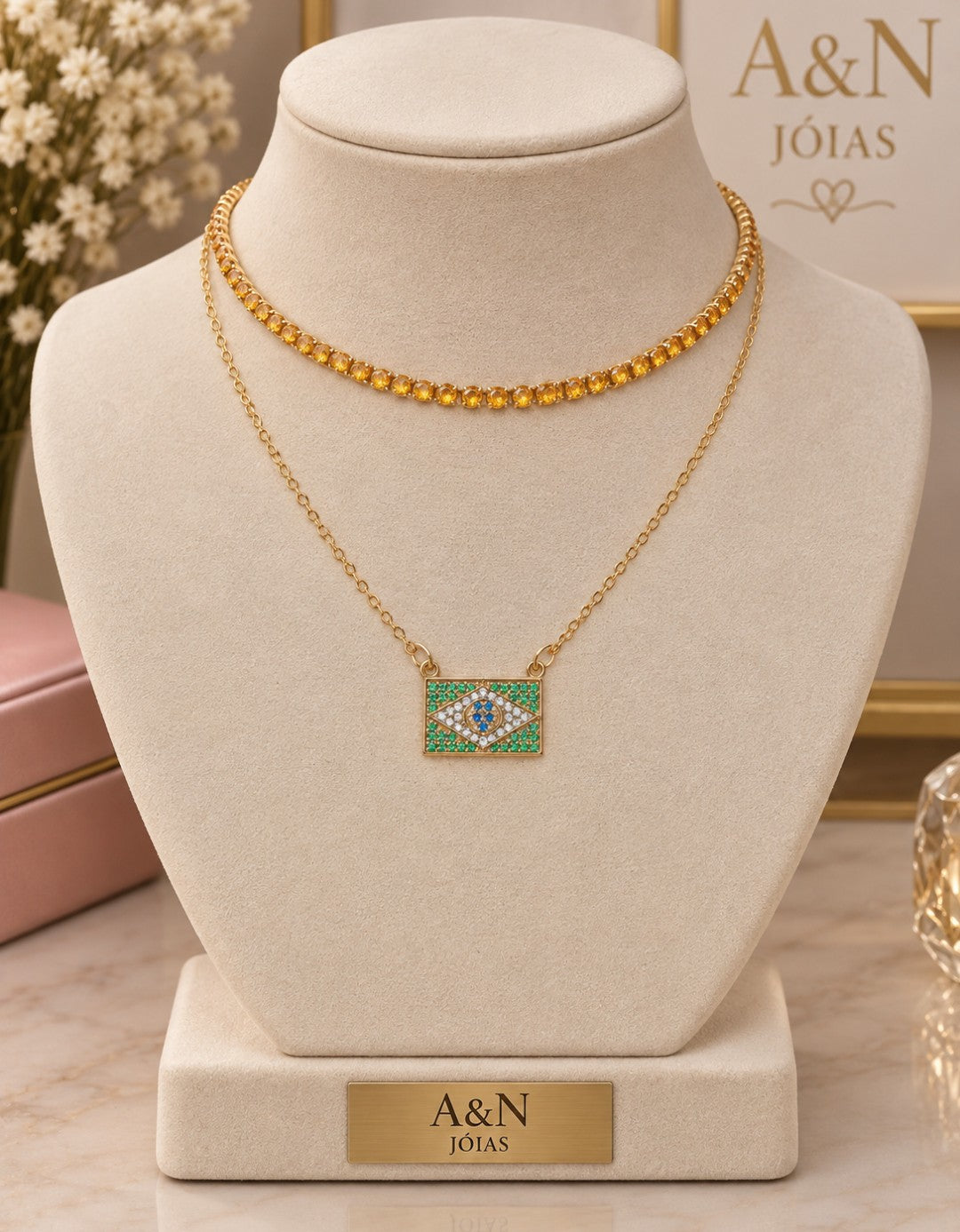 Colar bandeira do Brasil banhado a ouro18k