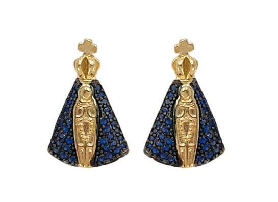 Brinco Nossa Senhora Manto Azul Cravejado Banhado a Ouro