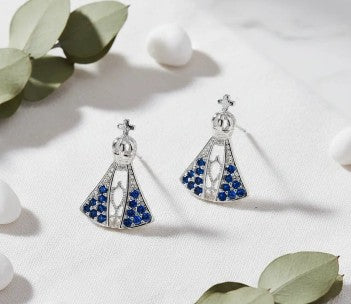 Brinco prata 925 Nossa Senhora Aparecida Mini Zircônias