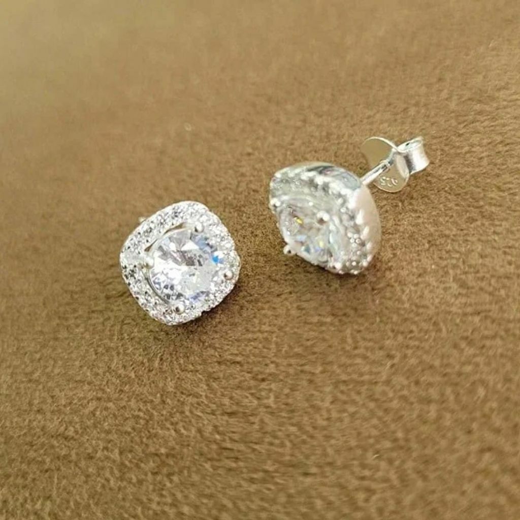 Conj. Brinco e Pingente Quadradinhos Zircônias Prata 925.