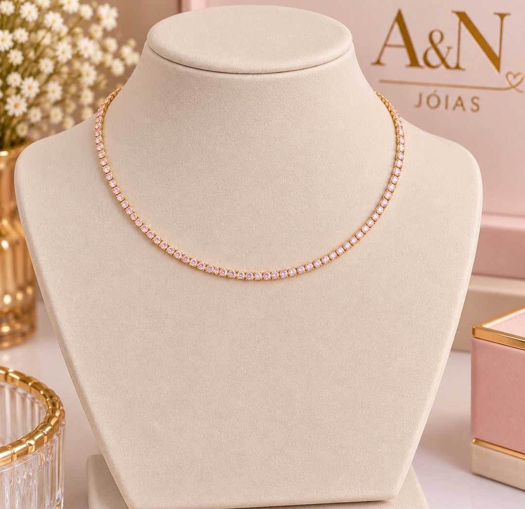 Choker Folheado a Ouro 18k Riviera Cravejada Mini Zircônia Rosa