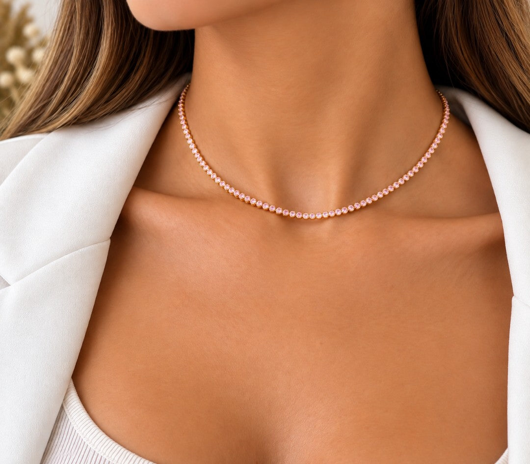 Choker Folheado a Ouro 18k Riviera Cravejada Mini Zircônia Rosa