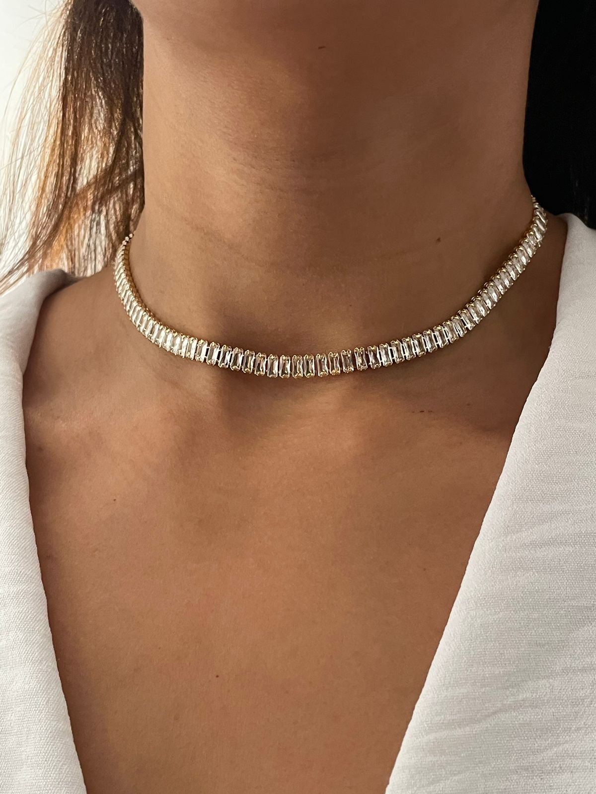Choker Rivieira Baguete Banhado a Ouro