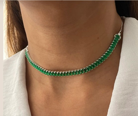 Choker zircônias G baguete verde banhado a prata