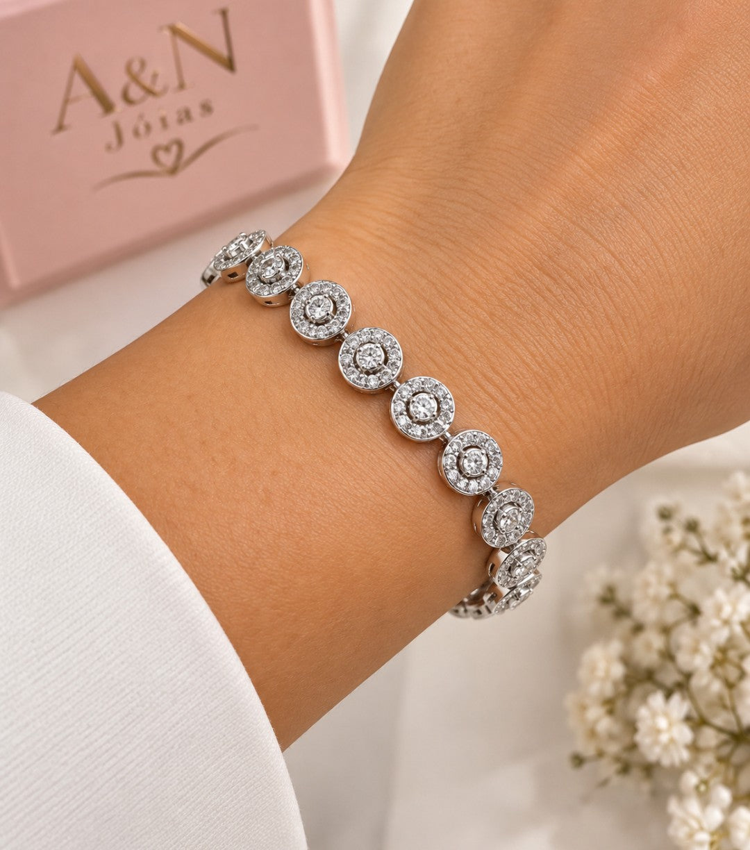 Pulseira Folheada a Ouro 18K e Prata Circulos de Navetes Cristal e Verde