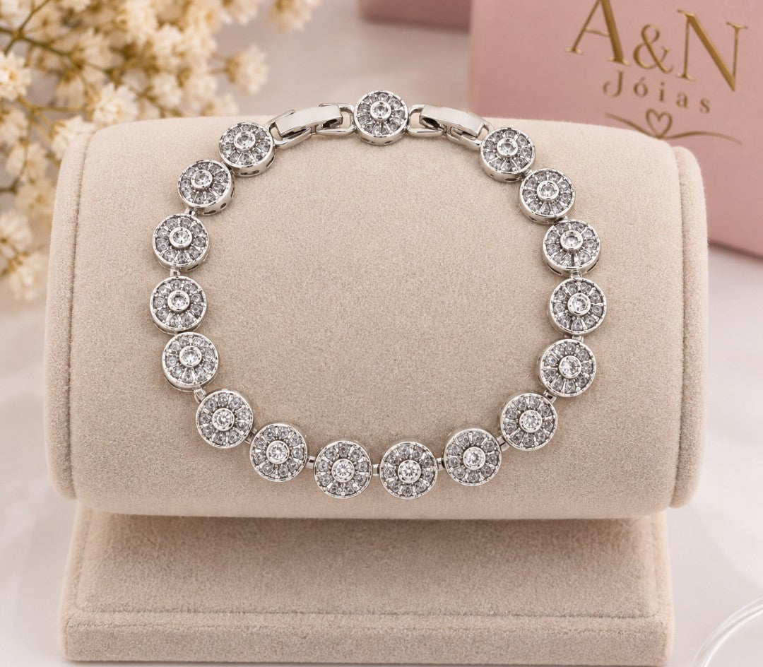 Pulseira Folheada a Ouro 18K e Prata Circulos de Navetes Cristal e Verde