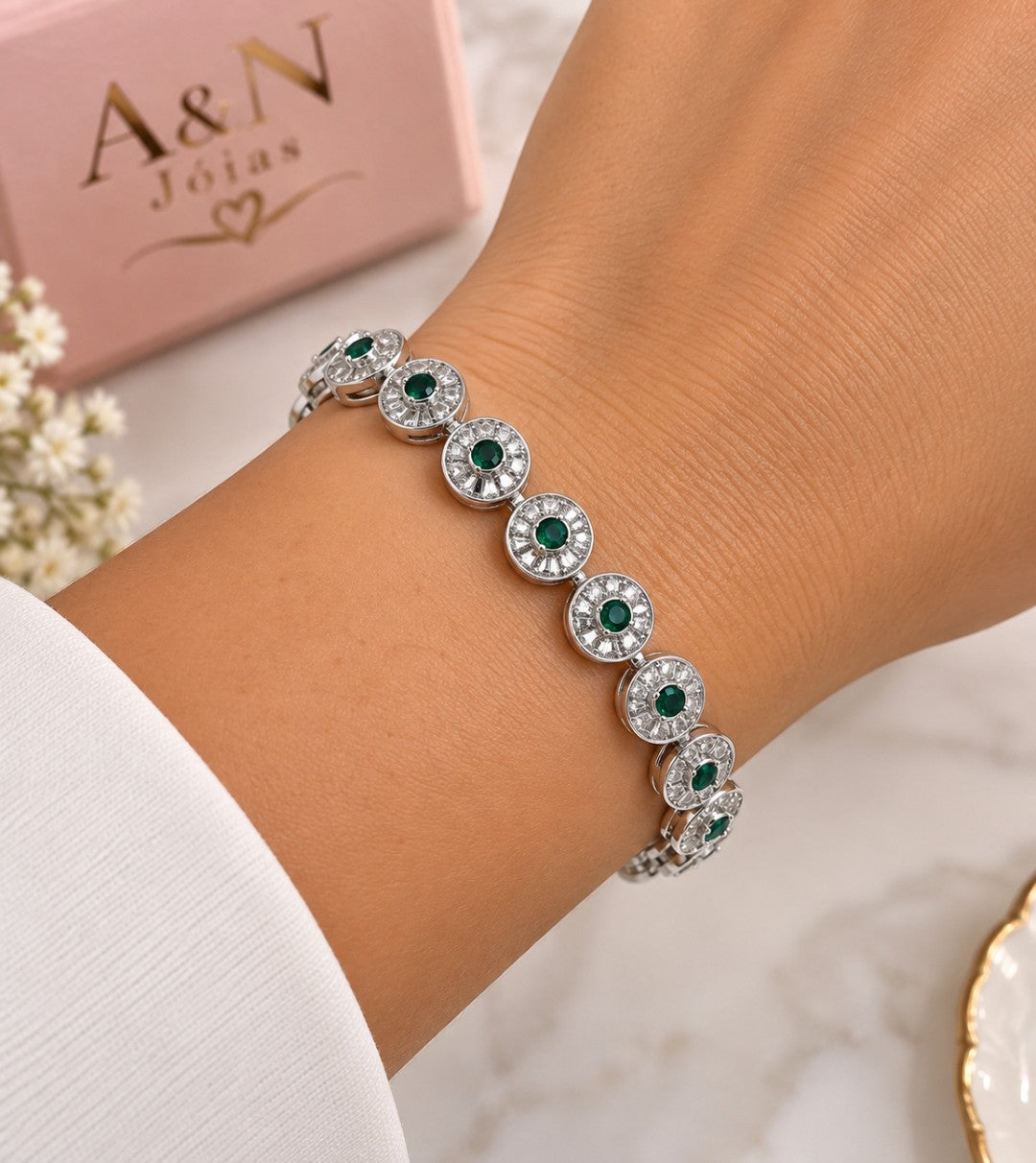Pulseira Folheada a Ouro 18K e Prata Circulos de Navetes Cristal e Verde