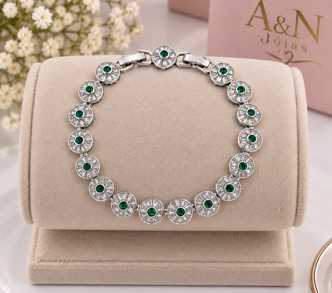Pulseira Folheada a Ouro 18K e Prata Circulos de Navetes Cristal e Verde