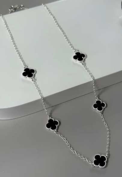 Colar Corrente 5 Trevo Feminina Inspiração Vancleef Prata 925 Preto