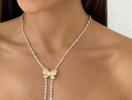 Colar Folheado a Ouro 18k e Prata Borboleta Cravejada