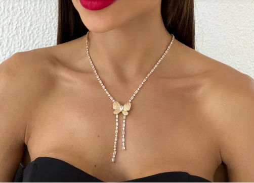 Colar Folheado a Ouro 18k e Prata Borboleta Cravejada