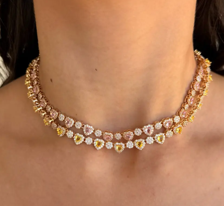 Conjunto Riviera Corações Cristal Banhado a Ouro
