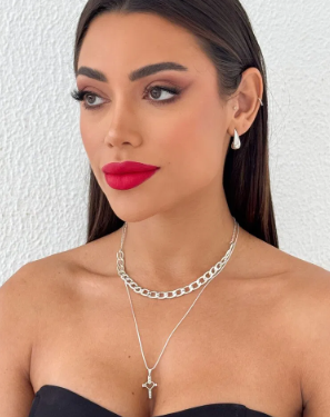 Colar Duplo Folheado a Ouro 18k Corrente G e Veneziana com Cruz Cravejada