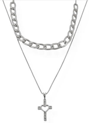 Colar Duplo Folheado a Ouro 18k Corrente G e Veneziana com Cruz Cravejada
