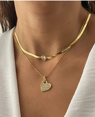 Choker Fita Coração Ponto de Luz  e Colar Coração Cravejado deitado Banhado a Ouro