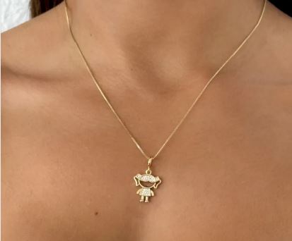 Colar Veneziana Menina e Menino Cravejado Banhado a Prata e Ouro