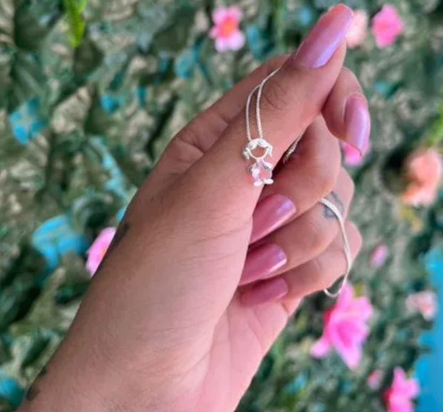 Colar Menina Pedra na Barriga Rosa prata 925