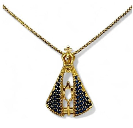 Colar Nossa Senhora Aparecida Manto Azul Banhado a Ouro 18k