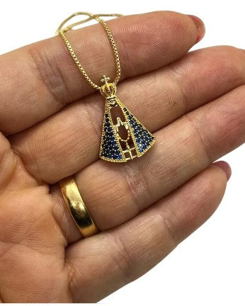 Colar Nossa Senhora Aparecida Manto Azul Banhado a Ouro 18k