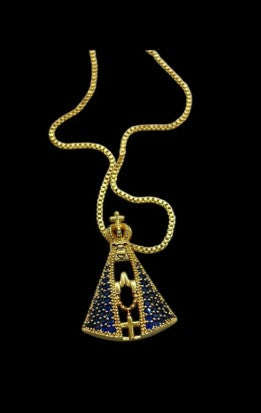 Colar Nossa Senhora Aparecida Manto Azul Banhado a Ouro 18k