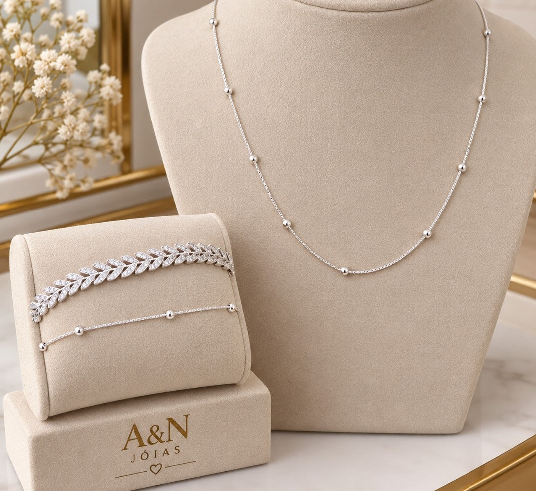 Conjunto Colar e Pulseira Folheado a Prata 925 Escamas e Esferas