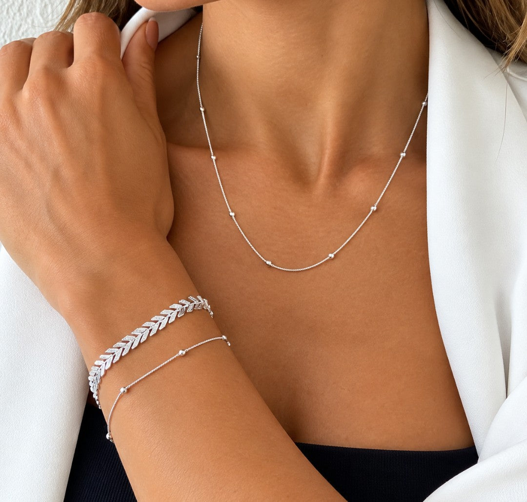 Conjunto Colar e Pulseira Folheado a Prata 925 Escamas e Esferas