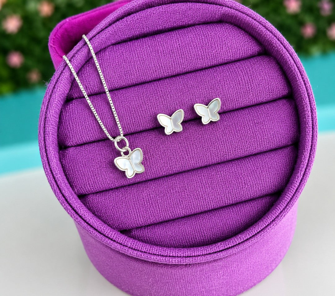 Conjunto Colar e Brinco Borboleta Dobradura prata 925