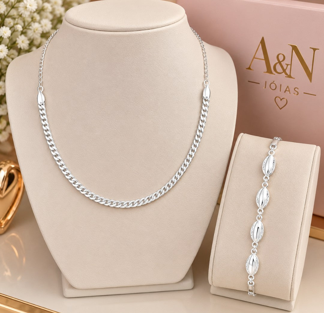 Conjunto Colar e Pulseira Folheado a Prata 925 Elos e Búzio