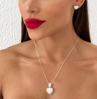 Conjunto Colar e Brinco Folheado a Prata 925 Coração Cravejado