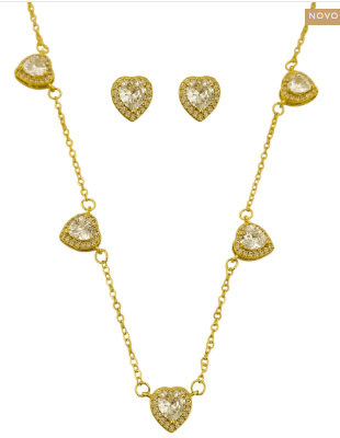 Conjunto Colar e Brinco Coração com Cristal e Borda Cravejada Banhado a Ouro 18k