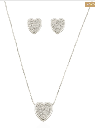 Conjunto Colar e Brinco Semi Joia Folheado a Prata 925 Coração Cravejado