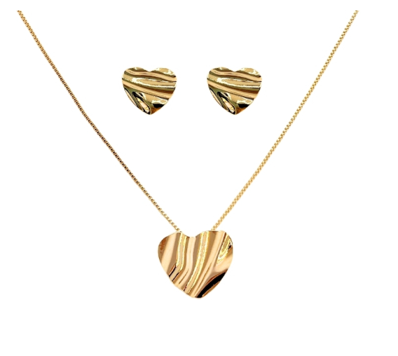 Conjunto Colar e Brinco de Coração Amassado 18mm Folh. A Ouro Tam. 45cm