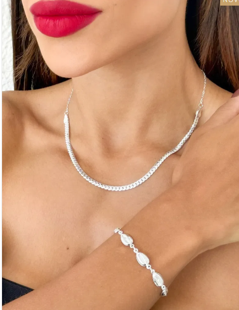 Conjunto Colar e Pulseira Folheado a Prata 925 Elos e Búzio
