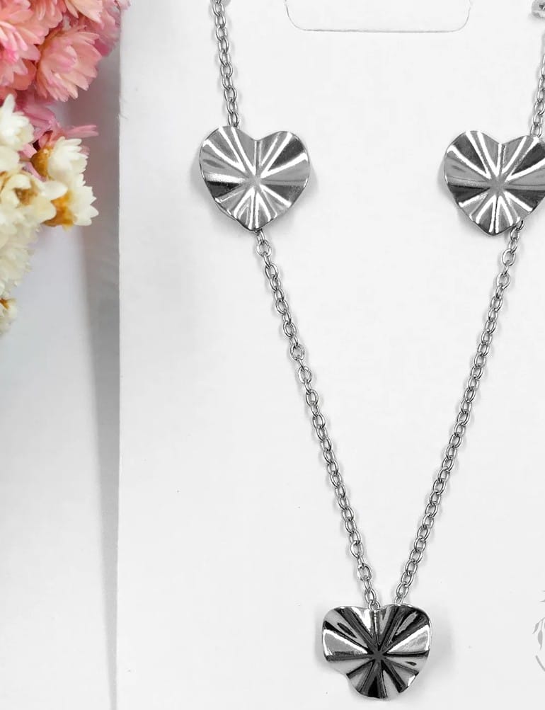 Conjunto Brinco e Colar Martelado Coração Aço Inoxidável